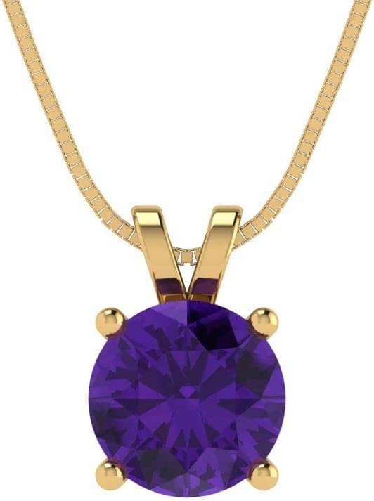 Clara Pucci 14K Yellow Gold Plated Solitaire 18" Box-Chain Necklace - Sterling Silver 1ct Round Cut Amethyst Pendant