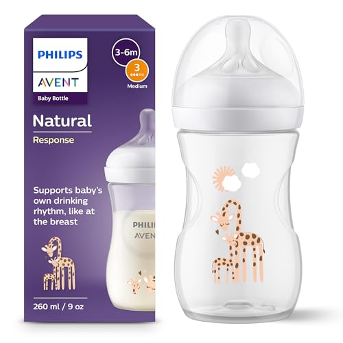 Philips Avent Biberon à Réponse Naturelle de 260 ml, sans BPA pour les bébés de 1 mois et +, motif girafe (modèle SCY903/66)