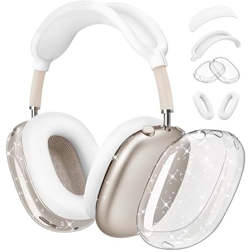 4 in 1 Set Case for AirPods Max Headphones, Clear Soft TPU Anti-Scratch Protective Case Cover, No Yellowing Transparent Accessories for Apple AirPods Max (2024 USB-C /2020 Lightning) -GlitterClear