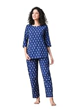 Ichaa Women’s Cotton Printed Round-Neck Night Suit Set with Pocket