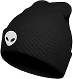 FUNCOOLCY White Alien Soft Slouchy Black Beanie Hat,Winter Warm Knit Cuffed Skull Cap for Men Women