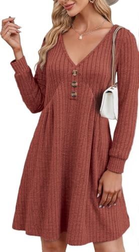 ABYOVRT Strickkleid Damen Leichte Freizeitkleider Langarm Kleider V Ausschnitt Pulloverkleid A Linie Winterkleid Herbstkleid Elegant,Tiefes Orange,XXL