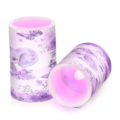 Image of Purple Elephant Butterfly Flower Flickering Flameless Candles LED Battery Operated with Remote Timer Pillar Candles for Home Birthday Wedding Christmas Decor, Set of 2
