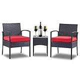 3 Piece Patio Set Balcony Furniture Outdoor Wicker Chair Patio Chairs for Patio, Porch, Backyard, Balcony, Poolside and Garden with Coffe Table and Cushions Red