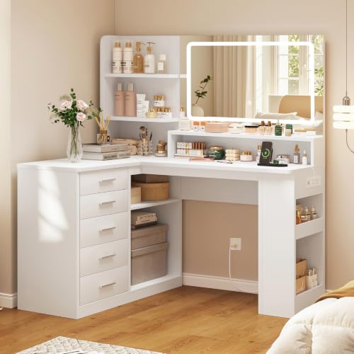 FIONESO Vanity Desk with Mirror and Lights, 3-Color Dimmable LED, Makeup Vanity with 5 Drawers, Open Storage Shelves & Power Outlet, L-Shaped Corner Vanity for Women, Bedroom, White