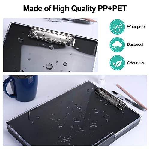 FRETONBA Klemmbrett a4 mit Aufbewahrungsfach, Kunststoff-Klemmbrett mit Ablage, Leichtes Zwischenablage, Tragbares Schreib-Klemmbrett mit Fach, Ideal für Schule/Industrie/Büro, Schwarz