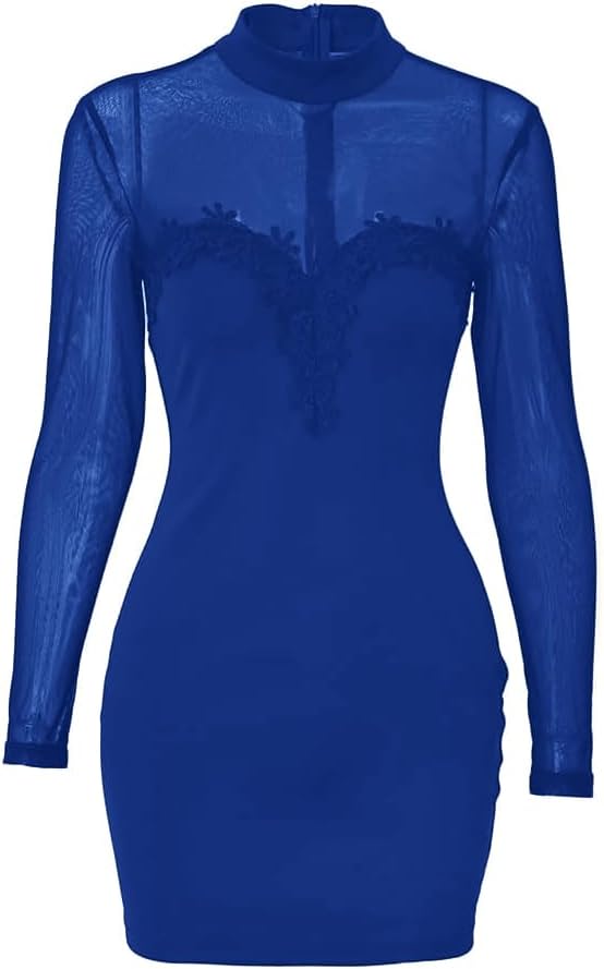 Womens Long Sleeve Bodycon Mini Dress Mock Neck Sheer Mesh Patch Night Out Party Short Dress - Image 5
