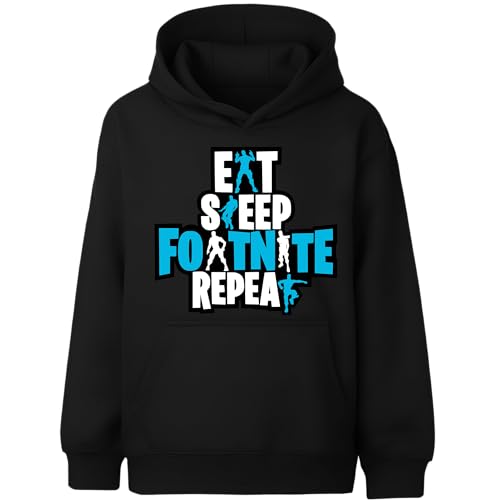 Fringoo Gamer Hoodie Grey for Boys Cotton Rich Soft Hooded Sweatshirt for Boys Gaming Pullover Jumper with Kangaroo Pocket Age 5-13 (UK Age 12 Years 13 Years Regular Black - EAT FORT)