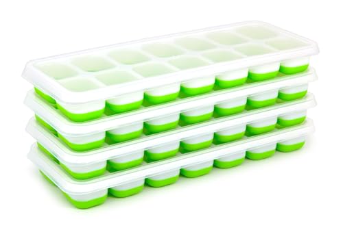 Image of Ice Cube Tray 4 Pack with Removable Lids - Silicone Ice Cube Trays For Freezer - BPA Free, Easy Release and Flexible - Covered and Great For Stacking (Green)