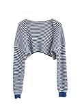 MakeMeChic Women's Striped Open Front Sweater Shrug Cardigan Long Sleeve Crop Outerwear Knitwear Blue and White Large