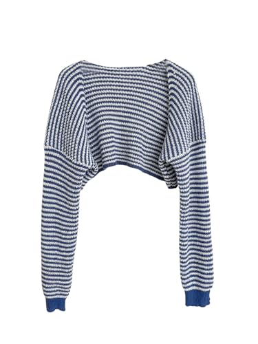 MakeMeChic Women's Striped Open Front Sweater Shrug Cardigan Long Sleeve Crop Outerwear Knitwear