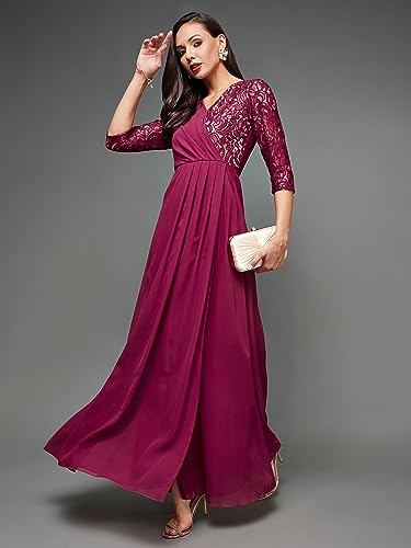 Image of Miss Chase Women's V-Neck Three-Quarter Sleeve Self-Designed Wrap Maxi Georgette Dress