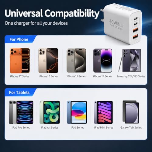 Image of USB C Wall Fast Charger Block, 40W 4-Port Type C Charger Fast Charging Blocks PD Power Charger Adapter+QC 3.0 USB Multiport Charger Brick for iPhone 17 /16 /15 /14 /13 /12 Pro Max, iPad, Galaxy S25-2Pack