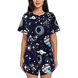 Meaudiwes Women's Shorts Pajama Set Short Sleeve Sleepwear Nightwear Pjs Space Galaxy Zodiac Star Planet Constellation