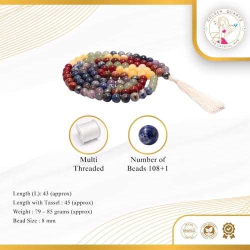 Image of 7 Chakra Mala Certified Natural Crystal Gemstone Prayer Bead 8mm 108 Beads Jap Mala for Meditation, Pooja, Chanting, Wearing with Certificate (8mm, 7 Chakra)