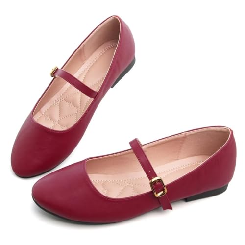 Image of TN TANGNEST Leather Flats for Women Retro Mary Jane Flats | Comfortable Square Toe Slip On Flats with Buckle Strap, Soft Work Flats Office Shoes