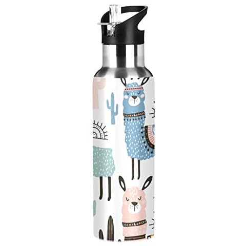 Qilmy Sport Water Bottle with Straw Lid Vacuum Insulated Stainless Steel Thermo Flask Llama Water Bottle 20 oz Cover