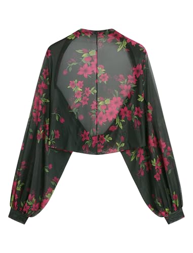 ZAFUL Open Front Cropped Bolero Cardigan for Women Bolero Shrugs for Evening Dress Strechy Crochet Knit Top (Black Floral S) — view 4