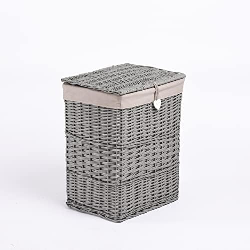 60L Wicker Laundry Wicker Basket With Liner With Lid Bathroom Storage Iron Basket Blanket Basket (Grey)