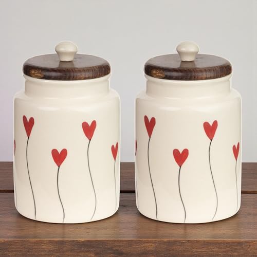 Image of Airtight Ceramic Jars (Pack of 2) - 900ml Each - Wooden Lid - Kitchen Containers for Sugar, Tea, Salt, Pickles, Pulses & More (Red Heart Lines)