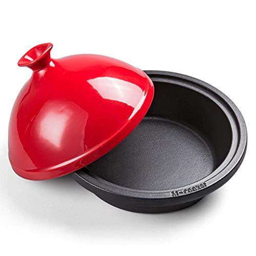 Olla de cerámica de 3 litros para tagine marroquí, Base de Hierro Fundido, Tapa de cerámica, cazuela de Barro, Apta para 3-6 Personas, Color Rosa (Rojo)