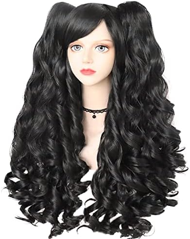 ANOGOL Hair+Cap Black Cosply Wig With Ponytails Long Curly Wigs with Bangs for Halloween Costume Party for Girls Women