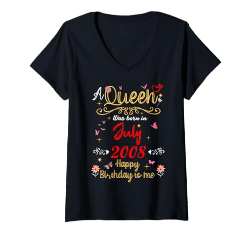 Mujer Julio cumpleaños Reina Desde julio 2008 Julio niña Camiseta Cuello V
