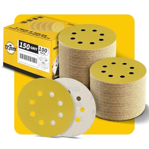 100PCS 5 Inch 150 Grit 125mm 8 Hole Sanding Discs Sandpaper - Premium Gold Round Hook and Loop for Random Orbital Sander - Ideal for Wood, Metal, Automotive