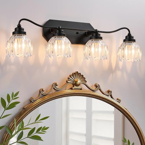 Image of Vintage Bathroom Light Fixtures, 4 Light Bathroom Vanity Light, Black Matte Antique Brass Finish with Crystal Glass Shade, Mid Century Wall Sconces for Bedroom, Living Room, Hallway
