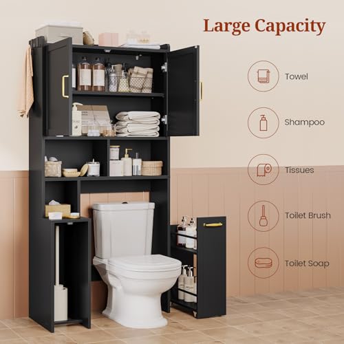 Image of UPOSOJA Over The Toilet Storage Cabinet with Pulley Bathroom Storage Cabinet, Space Saver W /Adjustable Shelf & Open Shelf for Bathroom, Restroom, Laundry (Black)