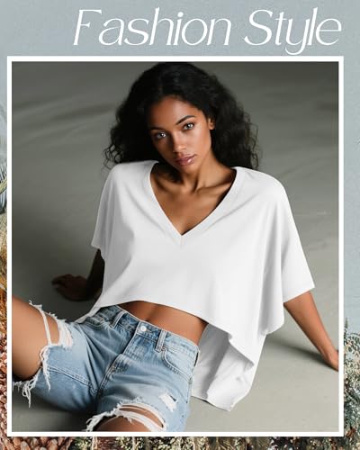 Neer 4 Pack Women's Oversized Crop T Shirts Summer V Neck Short Sleeve Tops Irregular Hem Baggy Top2