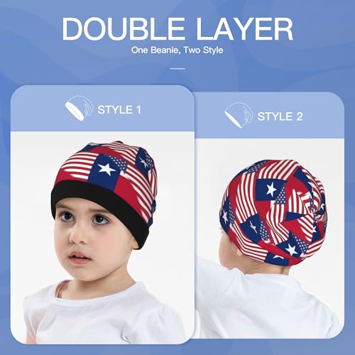American Flag and Flag of Texas Kids Leisure Elastic Knitted Hat Junior Large Size Knit Cap Child Beanie Black3