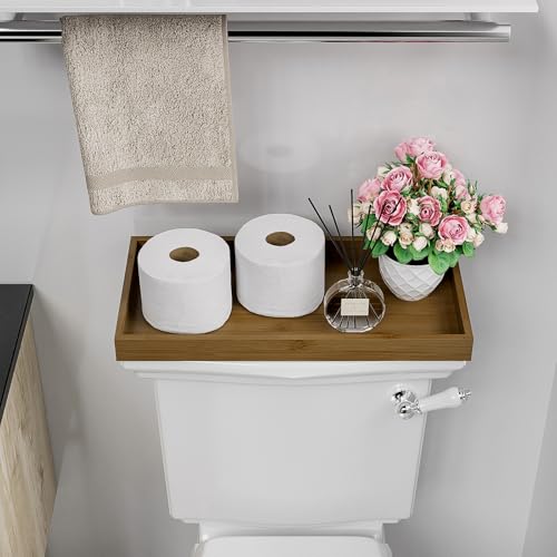 Image of ZHWS Bathroom Vanity Tray for Countertop Perfume Makeup Jewelry Candle Decor, Kitchen Tray for Soap Dispenser Spice Salt, Large Tray for Toilet Tank Paper, Serving Nightstand Brown 13 inchx6.5 inch