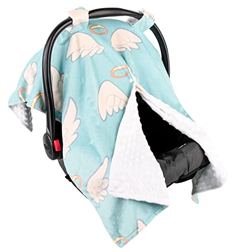 Image of Top Tots Deluxe Minky Baby Car Seat Cover - Angel Wings, 40 x 29 Inch White