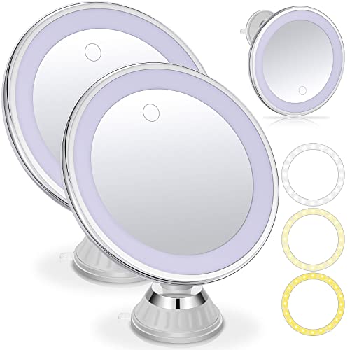 2 Pieces 10X Magnifying Makeup Mirror With Lights And Suction Cup 3 Colors Dimmable Lighted Vanity Mirror Rechargeable 360 Degree Rotation Makeup Mirror For Home Tabletop Bathroom Shower And Travel #TOP21