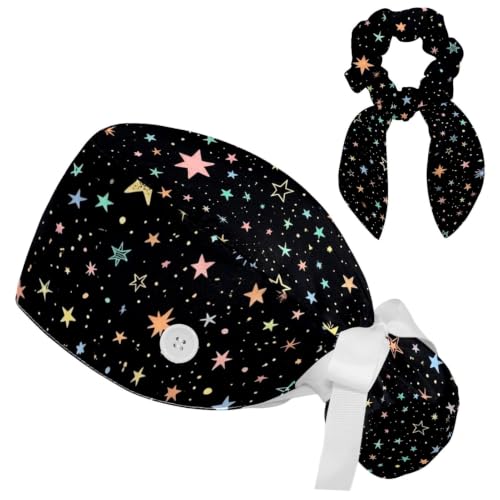 Image of Butterfly Scrub Cap Women with Ponytail & Buttons Adjustable Surgical Nurse Hat with Cotton Sweatband for Long Hair