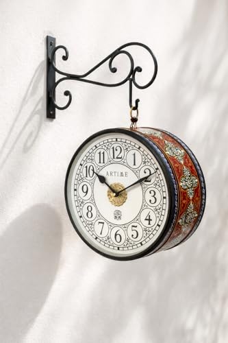 Image of Handcrafted Double Side Metal Analog Vintage Wall Clock | 1.5 Year Machine Warranty | 10 INCHES | 1 Side Number 1 Side Roman,Color (Blue Handprint)