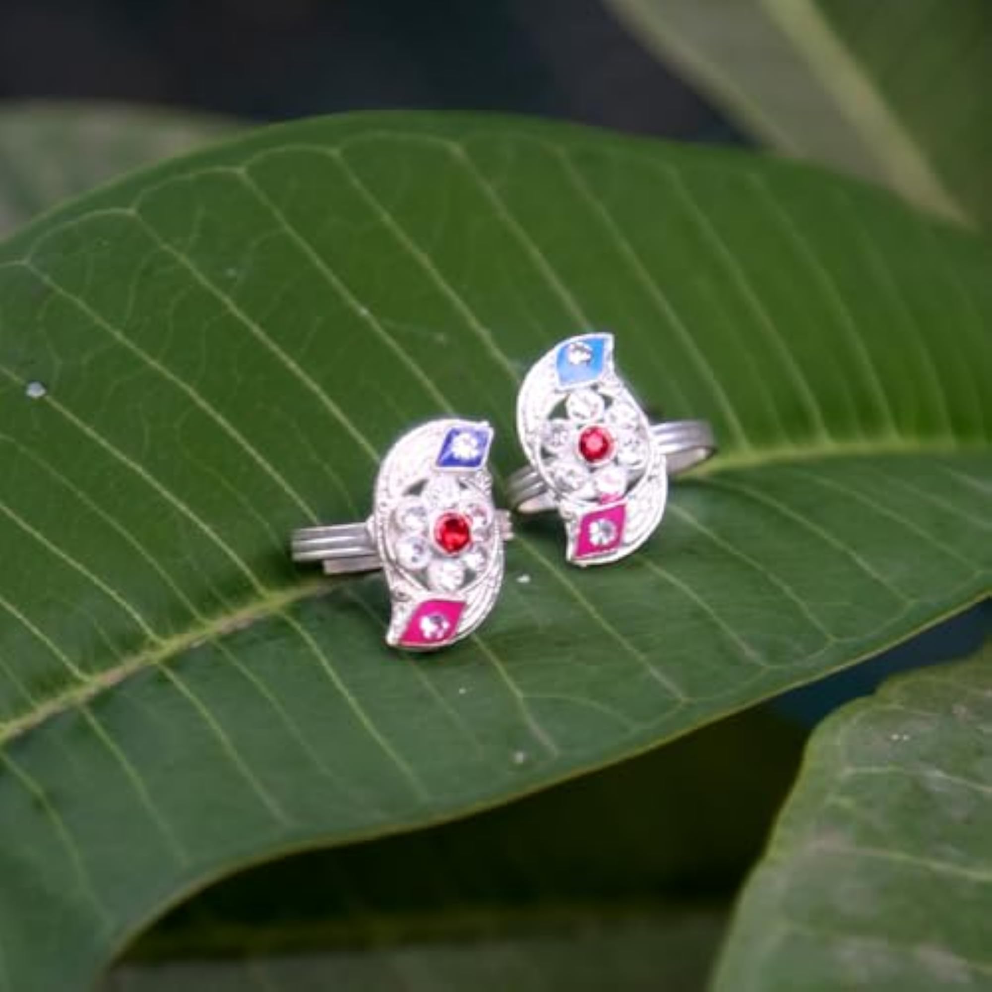 Women's Adorable Silver Adjustable Toe Ring with Red and Blue Stones