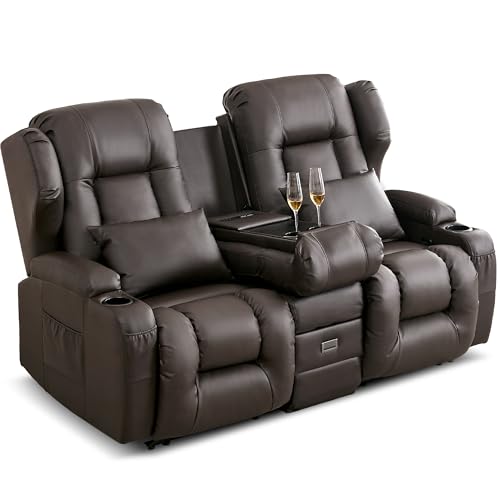 SITURAY 2er Relaxsessel mit Liegefunktion, Zweisitzer Fernsehsessel 2 Sitzer TV Sessel mit Konsole, Manuell Verstellbar Doppel Kinosessel bis 360 kg (Hellbraun)