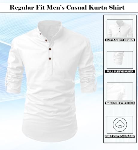 Image of FINIVO FASHION Men's Cotton Blend Solid Full Sleeve Short Kurta Shirt, Regular Fit Solid Pattern Mandarin Collar Straight Kurta Shirt