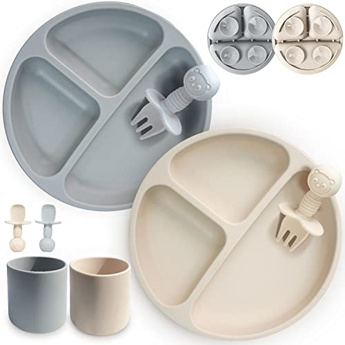 Image of JIFTOK 8 Pcs Silicone Baby Feeding Set, 2 Pcs Silicone Divided Suction Plates, 2 Pcs Cups with 2 Spoon 2 Forks for Baby Led Weaning Supplies, BPA Free Toddler Eating Utensils 6-12 months(Grey & Beige)
