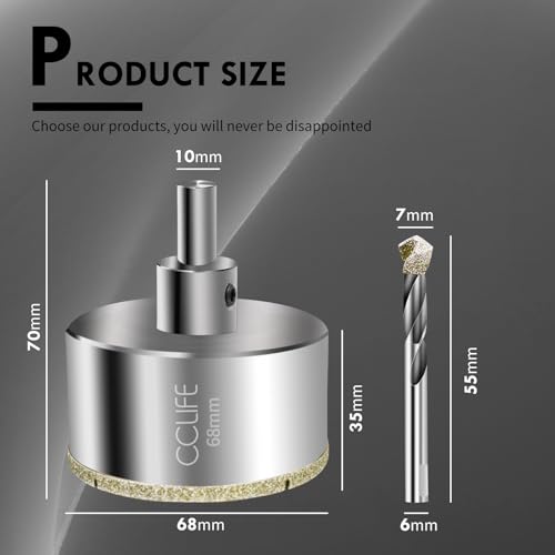 CCLIFE diamentowe wiertło, 68mm diamentowa otwornica z wiertełkiem osiowym, stal węglowa 45#, wiertło do szkła z powłoką diamentową do ceramiki, granitu, szkła
