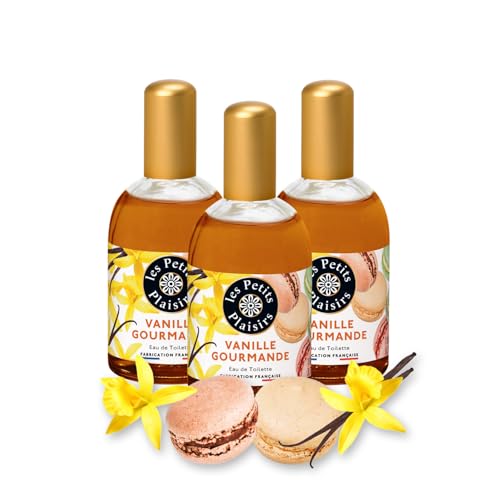 Les Petits Plaisirs - Lot de 3 - Eau de toilette Vanille Gourmande, Eau de toilette femme, Chaleureuse et envoutante. Coffret cadeau, Made in France, flacon 110ml