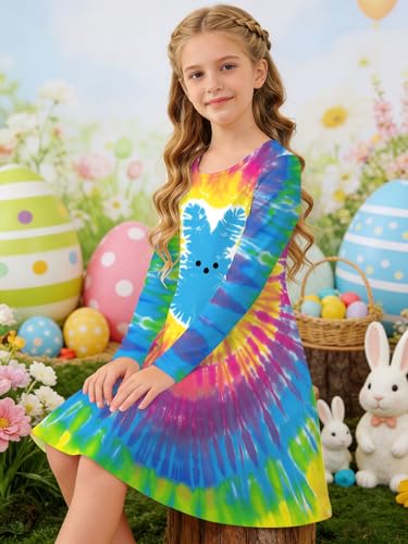 Image of Ithalt Girls Easter Dress Bunny Print Shirts Easter Long Sleeve Dresses Litter Girls Christian Easter Gifts 5-12y