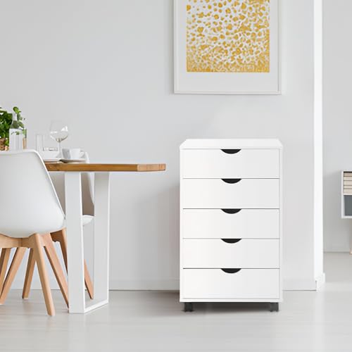 Modern Office Cabinet with Drawers on 360° Swivel Castors – Stylish Engineered Wood Office File Cabinet with Smooth Drawers & Soft-Close Hinge, Compact Office File Organizer with Curved Pull Handle