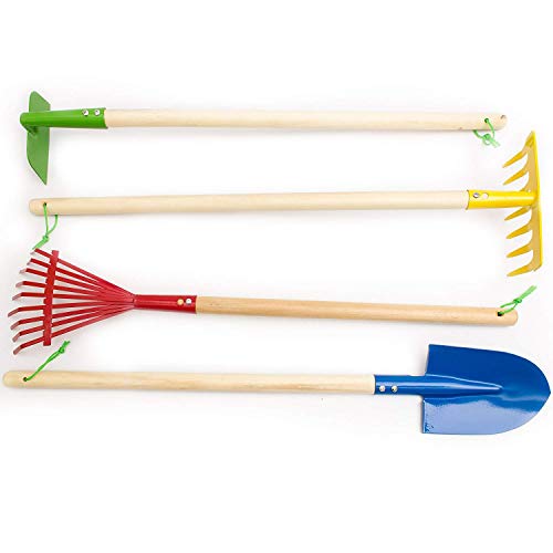 Fun Central 4 Pieces - 29 Inch Garden Tool Set for Kids & Toddlers - Blue Spade, Green Hoe, Yellow Garden Rake and Red Leaf Rake - Thumbnail 3