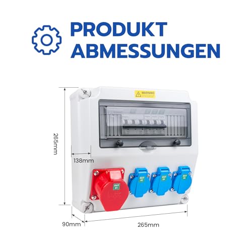 WSPIHO Baustromverteiler 16A mit Leitungsschutzschalter,Wandverteiler mit CEE Steckdose 16A,Starkstrom Steckdose für Verteilerkasten Außenbereich(3×16A 1P LS+1×16A 3P LS)