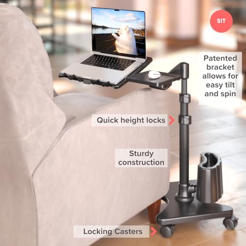 Image of LEVO G2 Deluxe Adjustable Rolling Laptop Stand | Charcoal & black, rolling laptop desk, adjustable height, tilting tray, floor stand