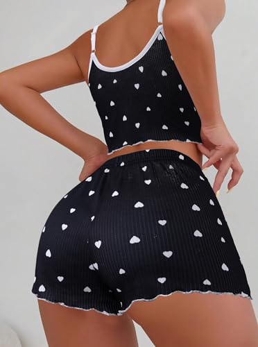 Image of Hilinker Womens Graphic Print Ribbed PJ Set Crop Cami Tops and Shorts Cute Pajamas Set