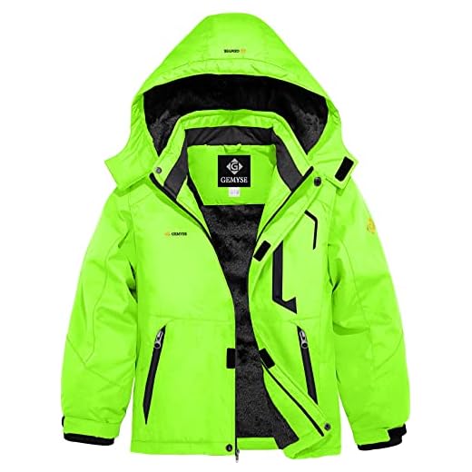 GEMYSE Bambini Giacca da Sci Impermeabile Pile Antivento Giacche Ragazzi invernale Cappotto con Cappuccio (Verde Fluorescente 01,116-122)